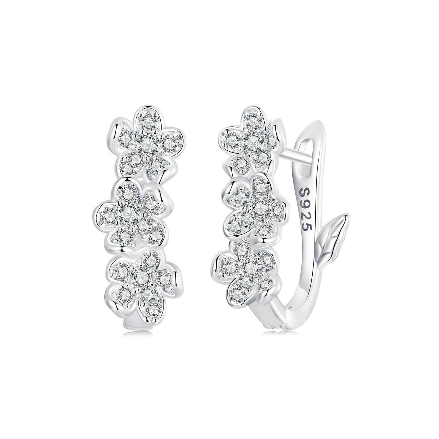 Hoop Huggie Earrings Shining Flowers S925 Silver With CZ Stones