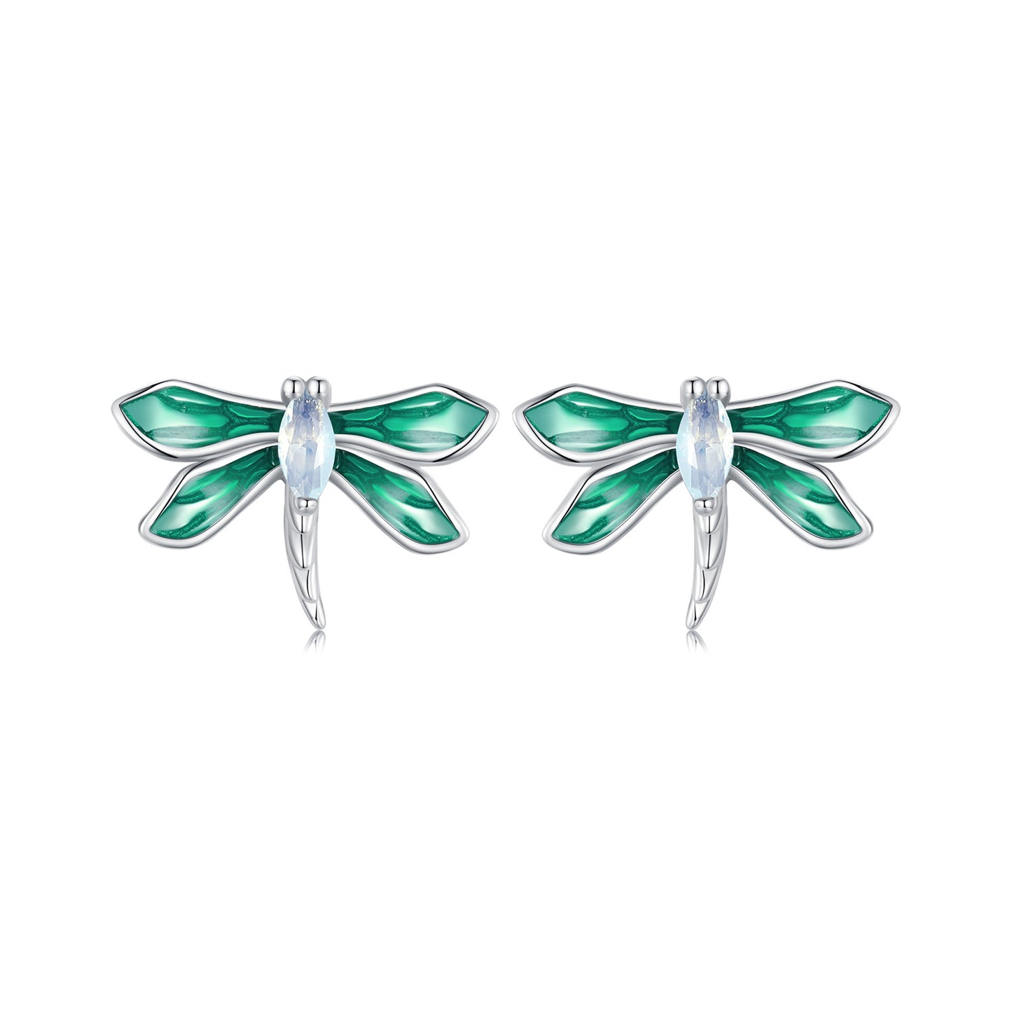 Stud Earrings Green Dragonfly S925 Silver