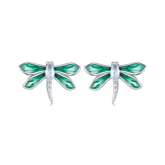 Stud Earrings Green Dragonfly S925 Silver