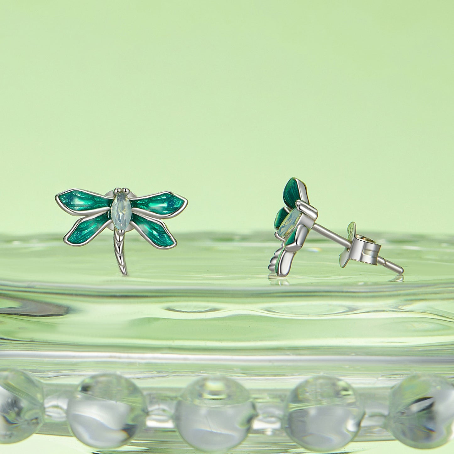 Stud Earrings Green Dragonfly S925 Silver