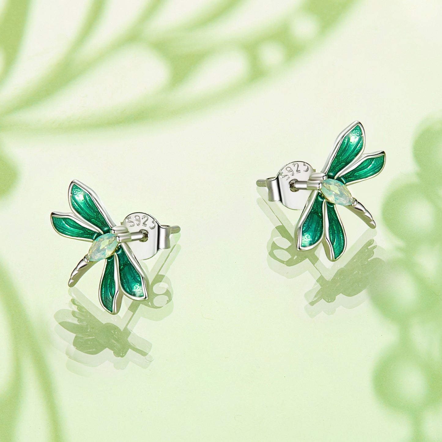 Stud Earrings Green Dragonfly S925 Silver