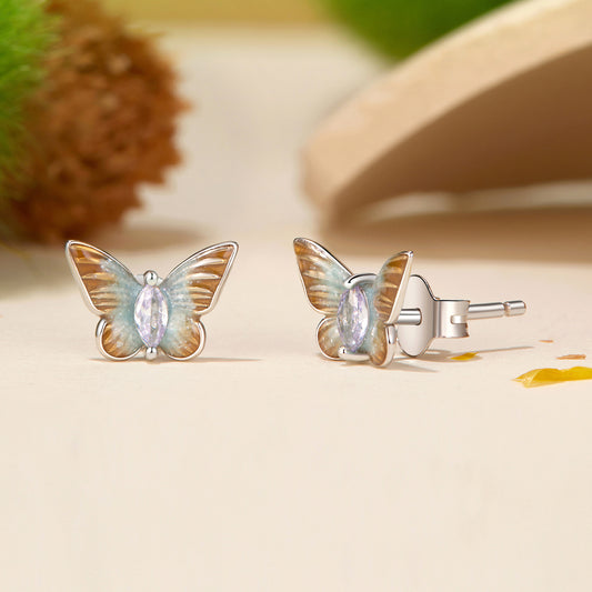 Stud Earrings Elegant Butterfly Gradient Enamel S925 Silver