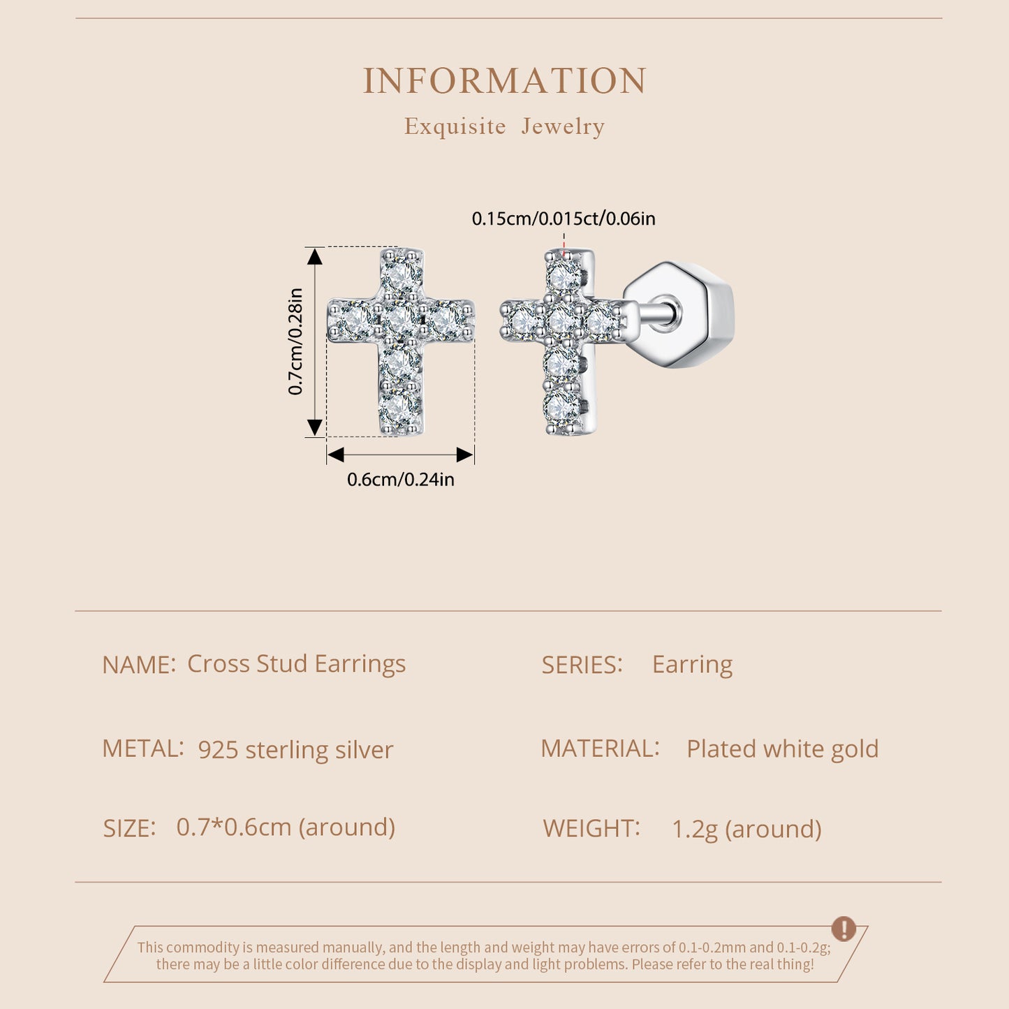 Stud Earrings Bright Cross S925 Silve With Moissanite Stones 0.015ct