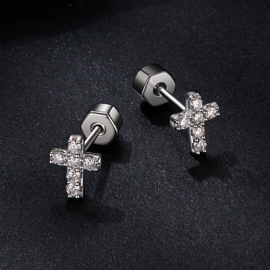 Stud Earrings Bright Cross S925 Silve With Moissanite Stones 0.015ct