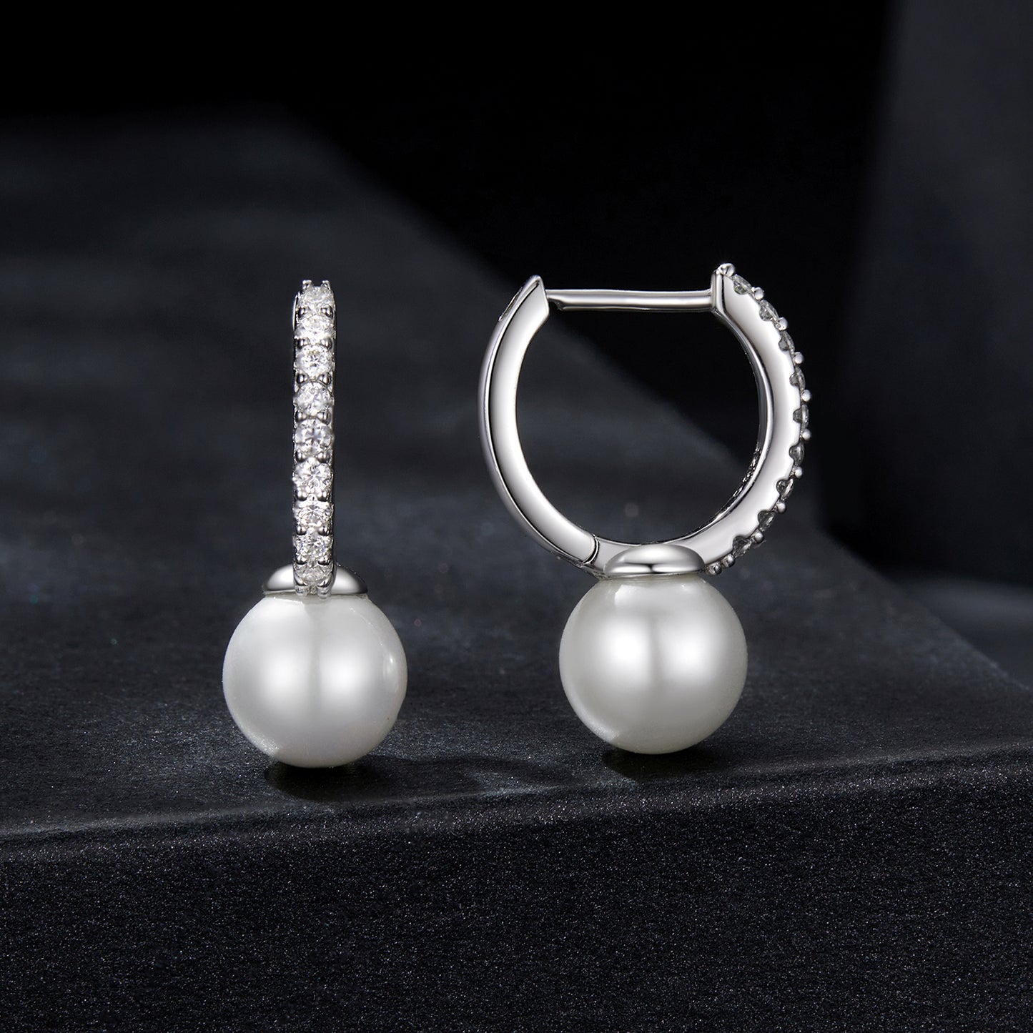 Hoop Earrings Shining Moissanite Stones And Pearl S925 Silver