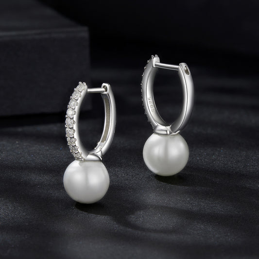 Hoop Earrings Shining Moissanite Stones And Pearl S925 Silver