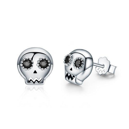 Stud Earrings Skull 925 Silver With Black CZ Stones