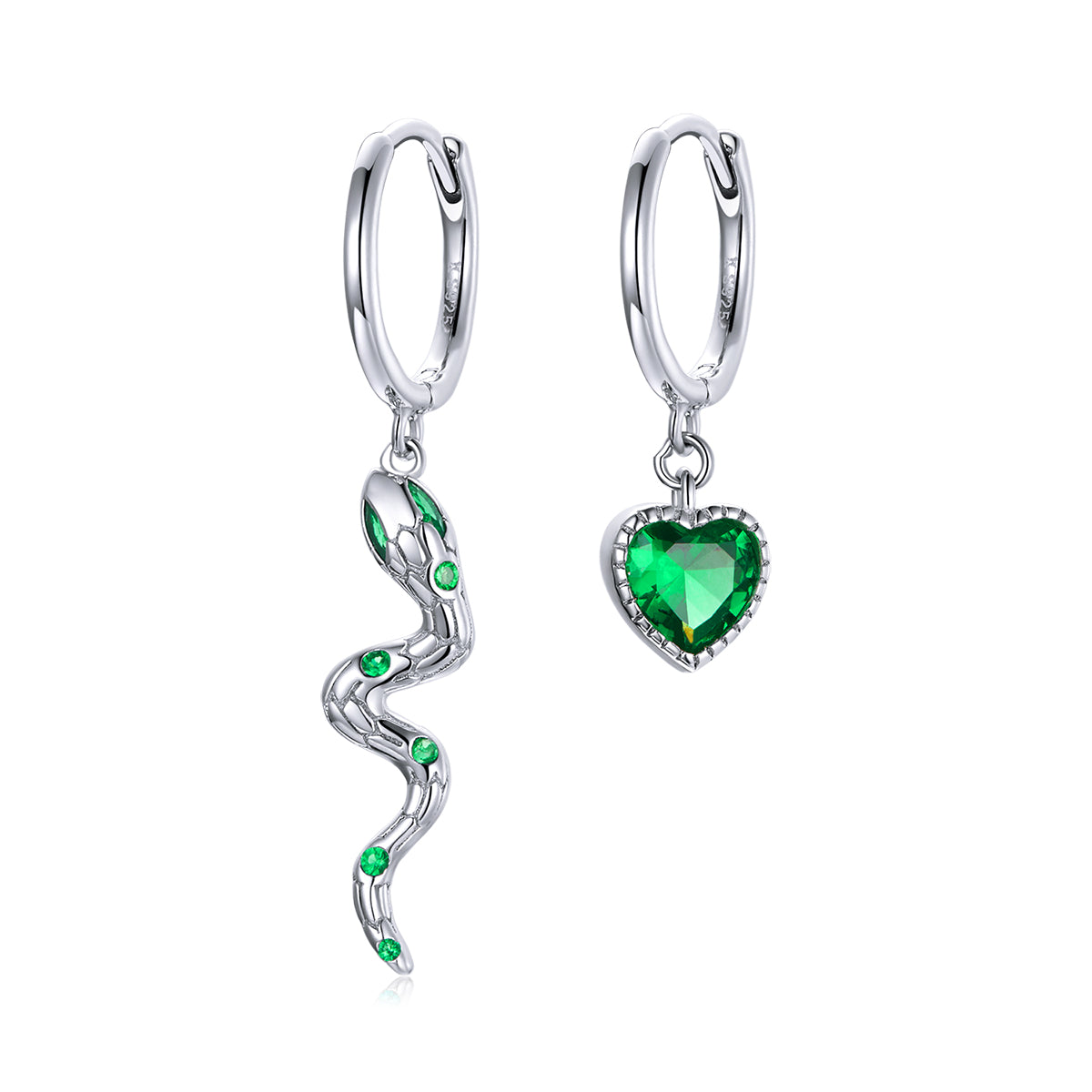 Boucles D'Oreilles Pendantes Serpent Et Coeur Argent 925 Avec Pierres Vertes