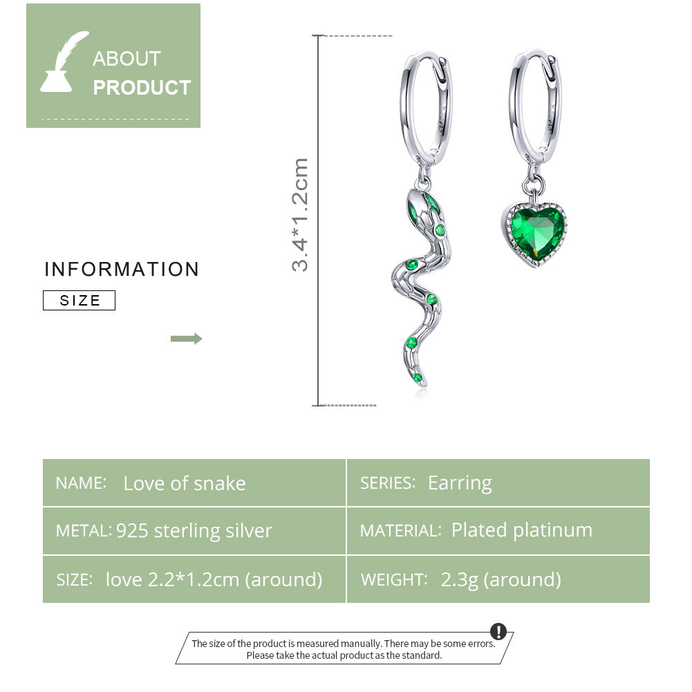 Drop Earrings Snake And Heart 925 Silver With Green Stones