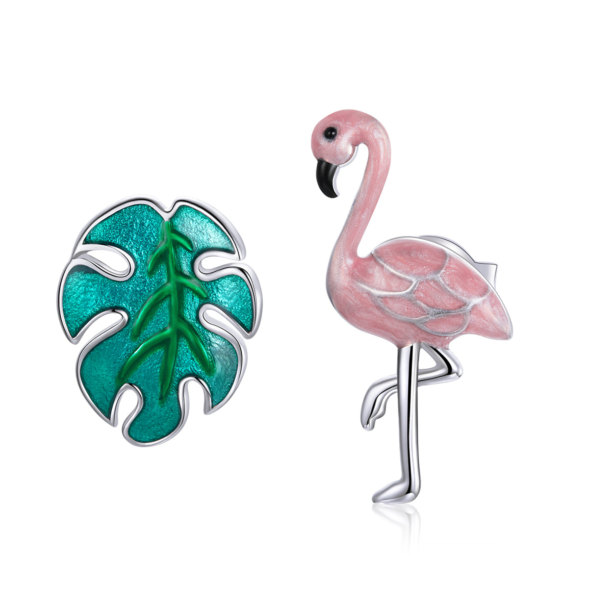 Stud Earrings Flamingo & Leaf S925 Silver