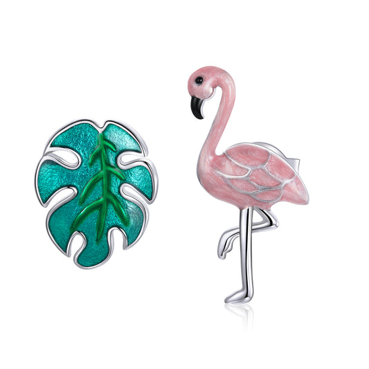 Stud Earrings Flamingo & Leaf S925 Silver