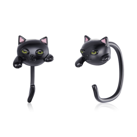 Stud Earrings Cute Black Cat S925 Silver