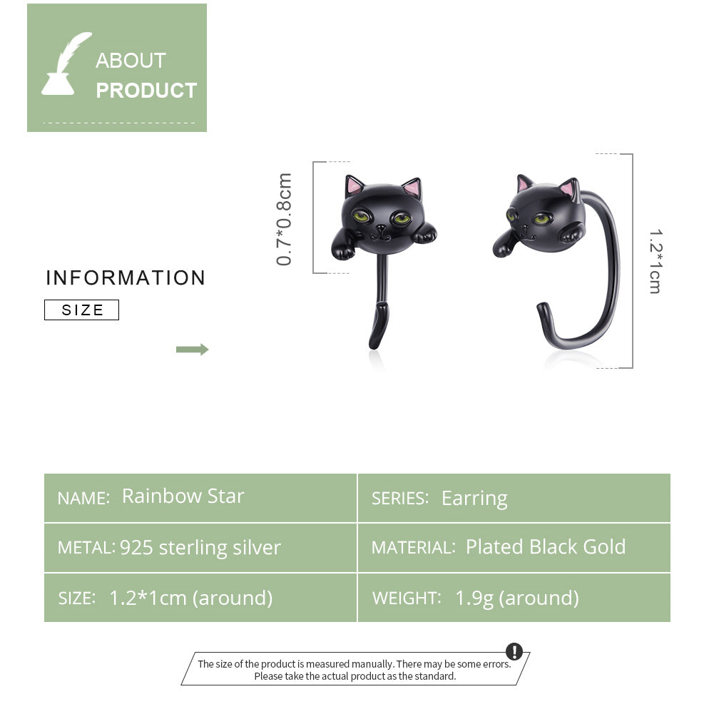 Stud Earrings Cute Black Cat S925 Silver