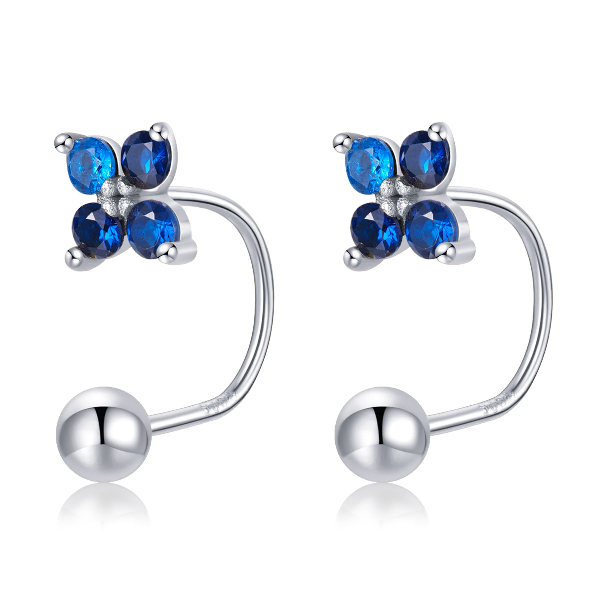 Stud Earrings 4 Petals Flower 925 Silver Blue Zircons