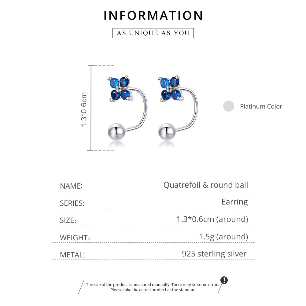 Boucles d'Oreilles Puces 4 Pétales Fleur Argent 925 Zircons Bleus