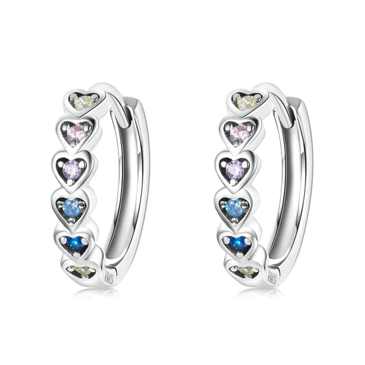 Hoop Earrings Rainbow Colors Hearts S925 Silver With Zircons