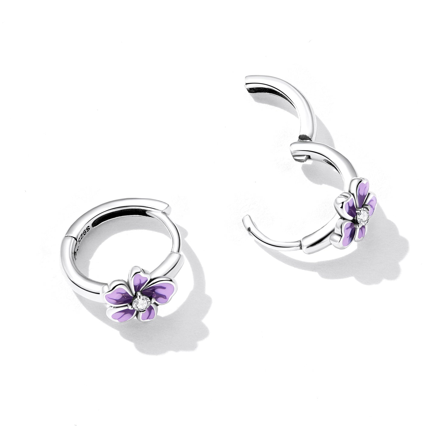 Boucles d'oreilles créoles fleur violette argent S925 incrusté de Zircon