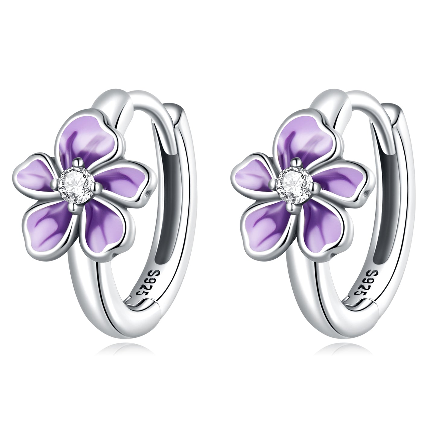 Boucles d'oreilles créoles fleur violette argent S925 incrusté de Zircon