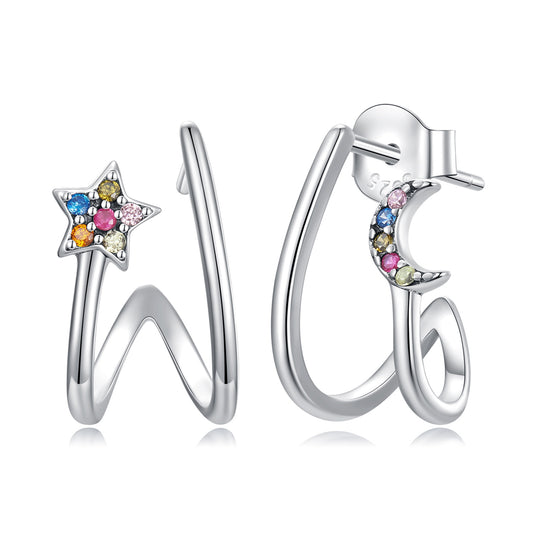 Stud Earrings Colorful Star and Moon S925 Silver