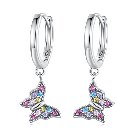 Boucles D'Oreilles Pendantes Papillon Coloré Argent 925 Avec Zircons