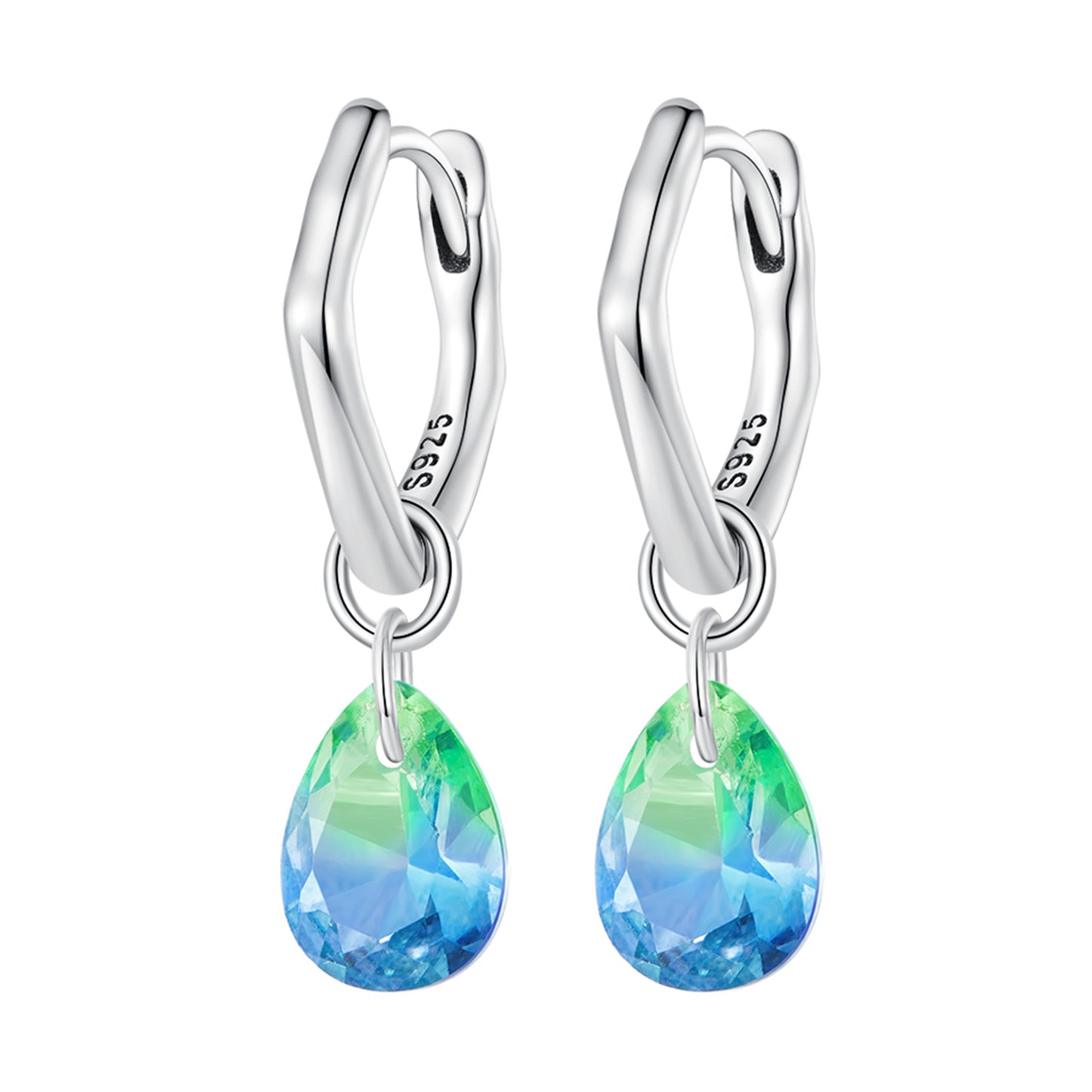 Boucles D'Oreilles Pendantes Pierre Dégradée Bleu-Vert Argent 925