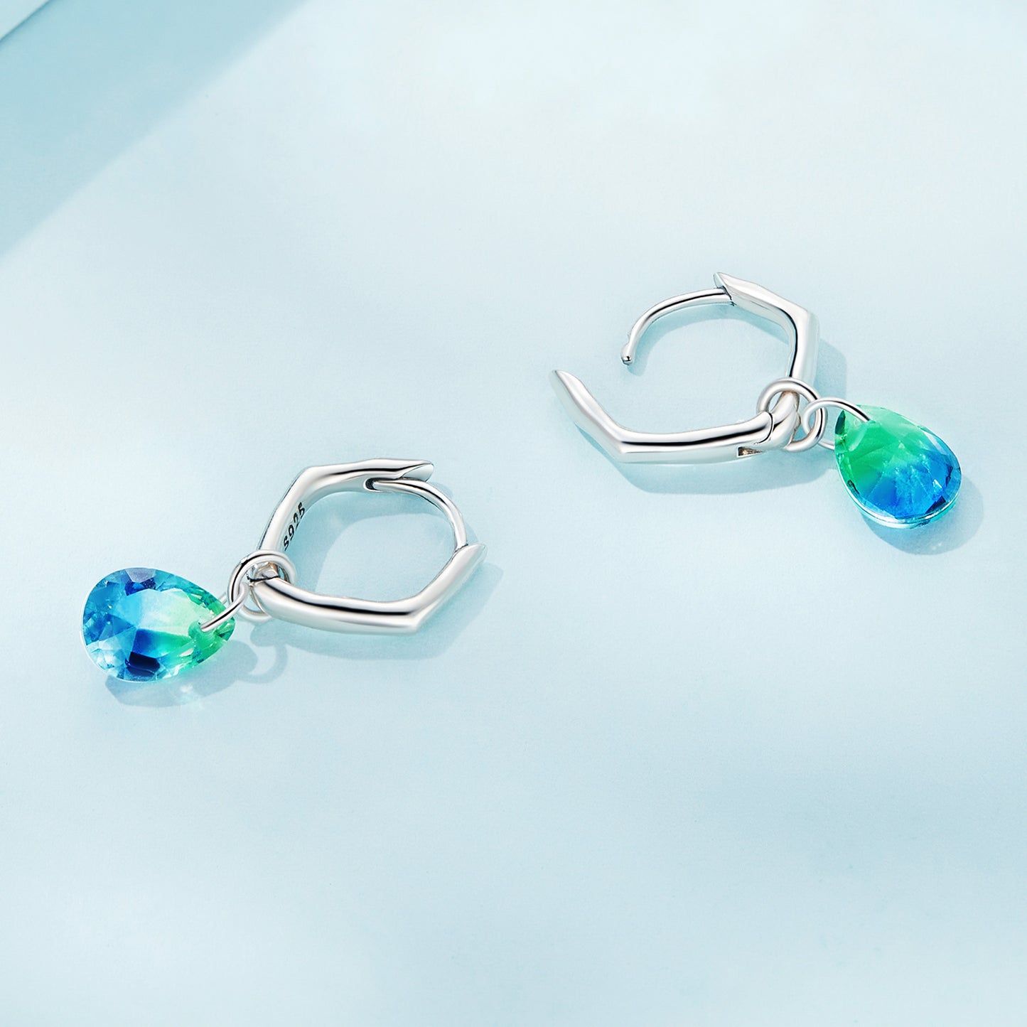 Boucles D'Oreilles Pendantes Pierre Dégradée Bleu-Vert Argent 925