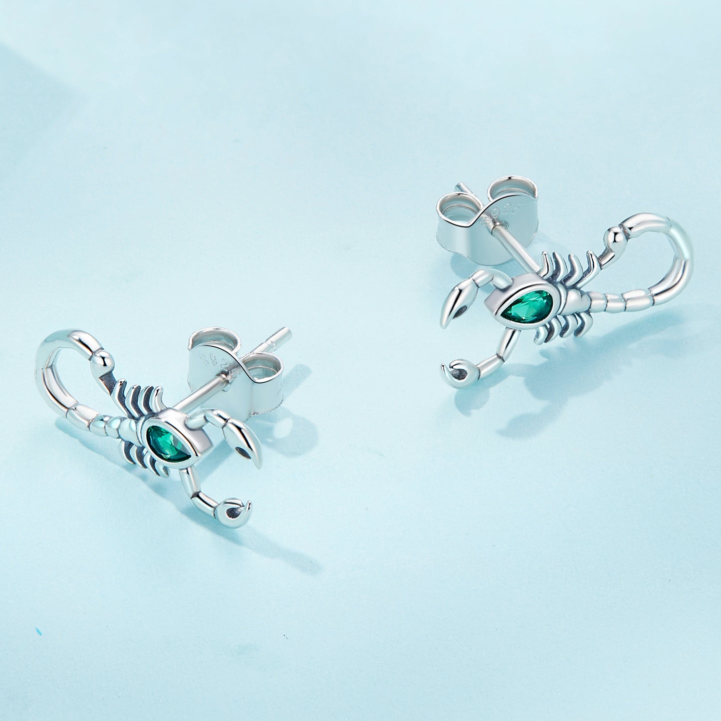 Stud Earrings Scorpion 925 Silver With Green Zircon