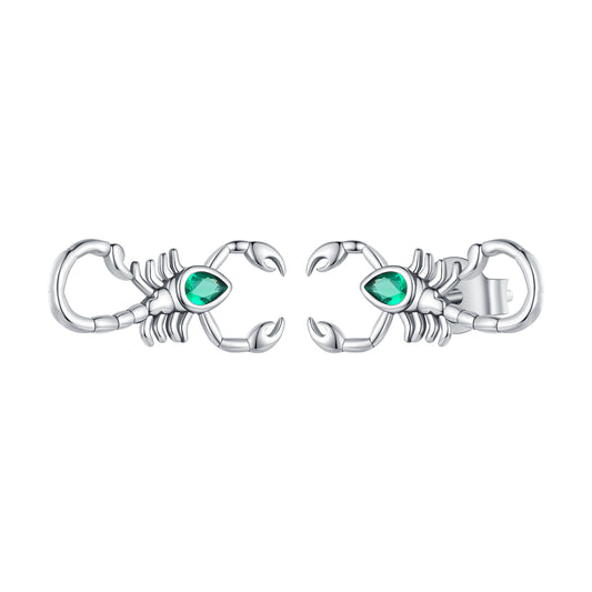 Stud Earrings Scorpion 925 Silver With Green Zircon