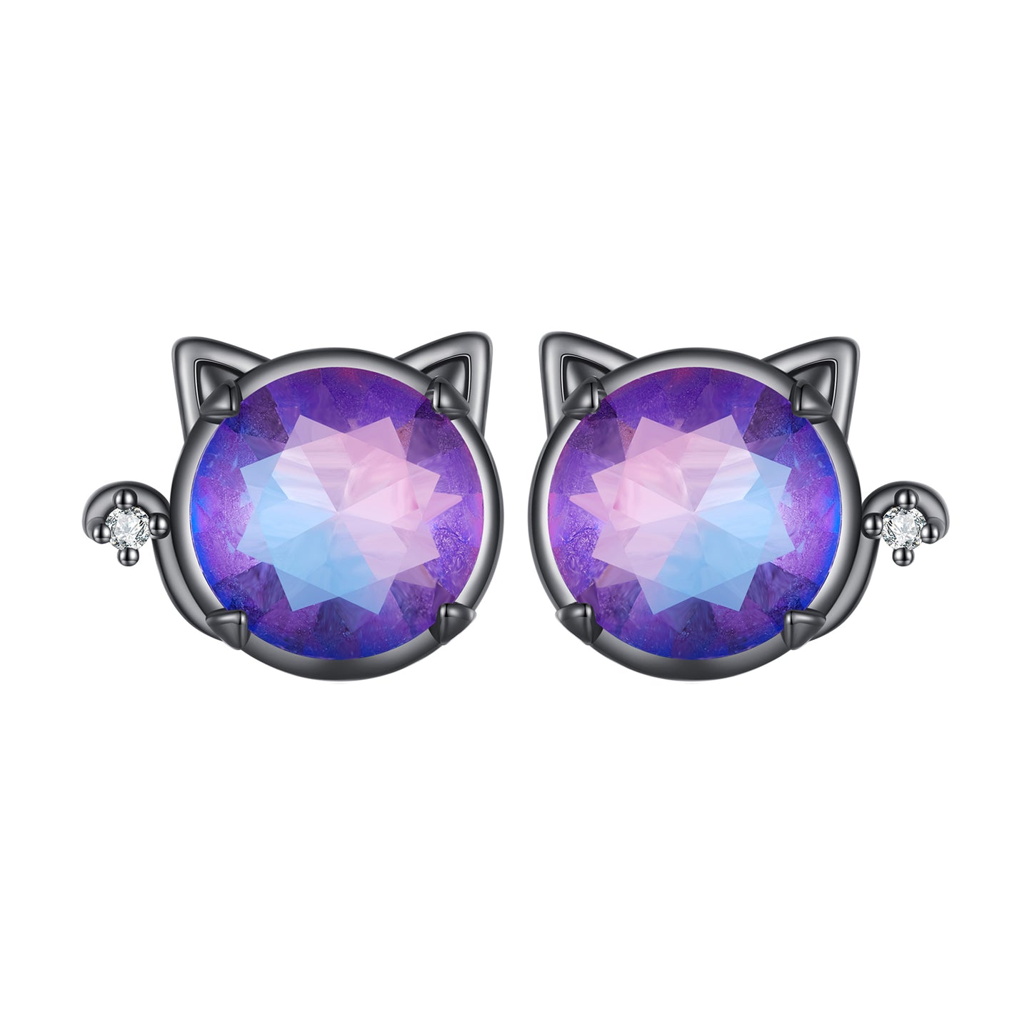 Stud Earrings Adorable Cat With Gradient Purple Glass