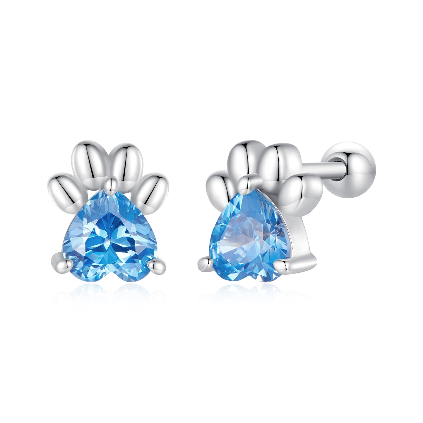 Boucles d'oreilles Puces Empreinte de Patte Argent 925 Pierre Rose/Bleu