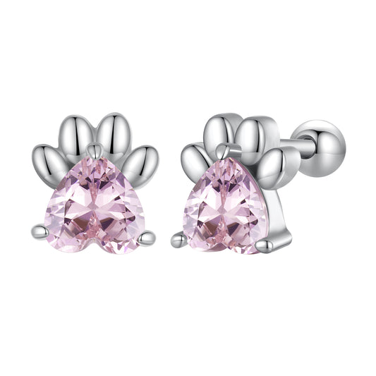 Stud Earrings Paw Print 925 Silver Pink/Blue Stone