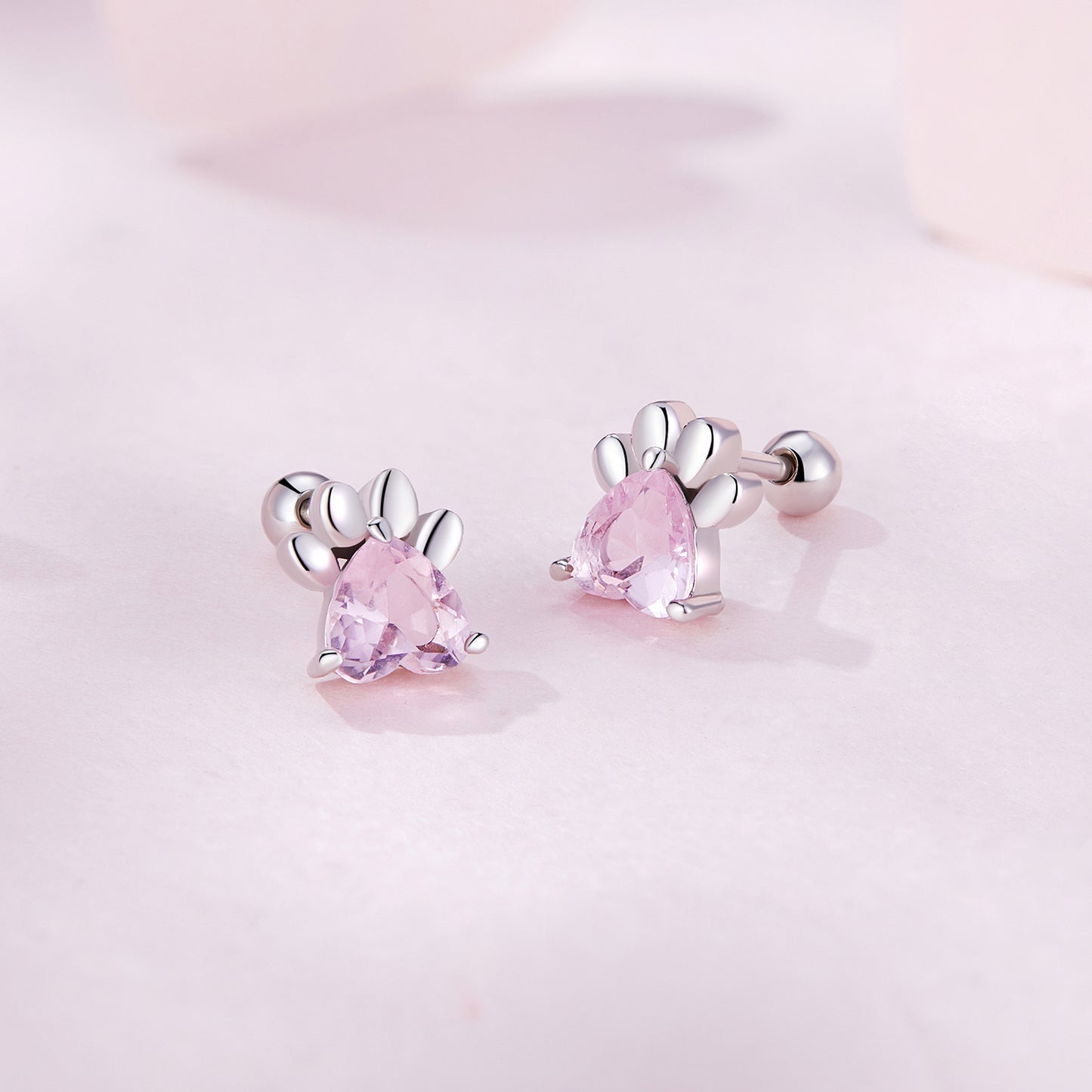 Stud Earrings Paw Print 925 Silver Pink/Blue Stone