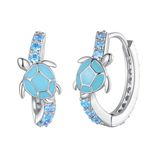 Boucles d'Oreilles Créoles Tortue de Mer Bleu Clair Argent 925