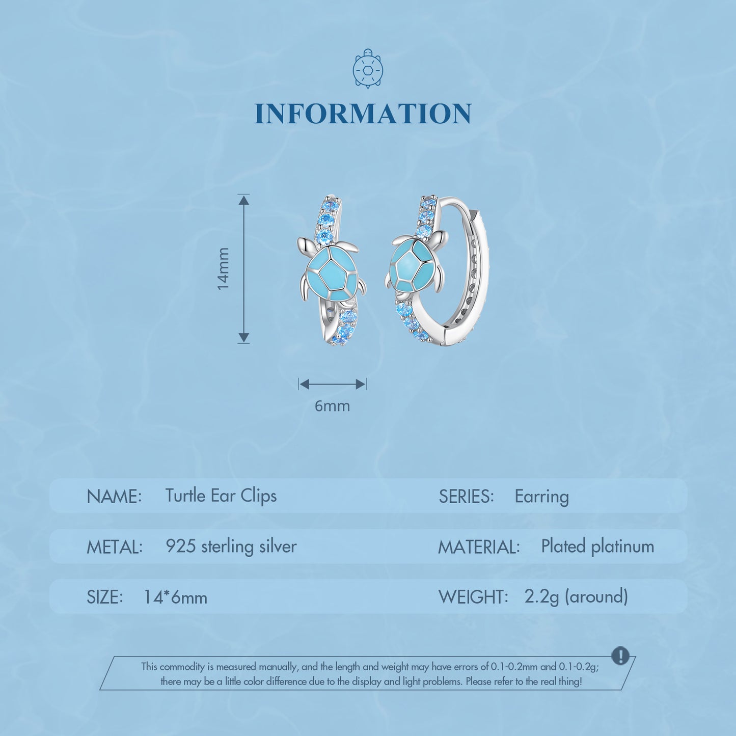 Boucles d'Oreilles Créoles Tortue de Mer Bleu Clair Argent 925