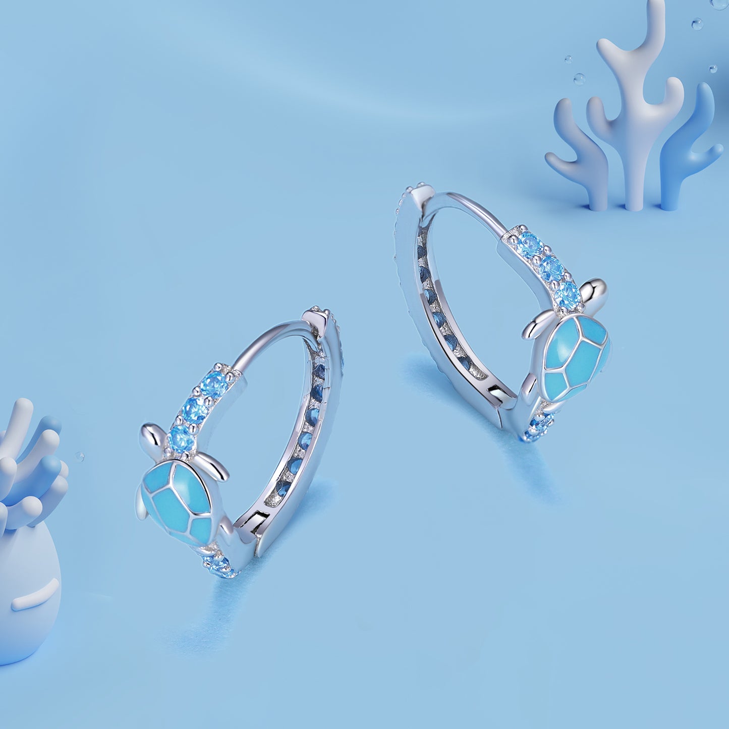 Boucles d'Oreilles Créoles Tortue de Mer Bleu Clair Argent 925