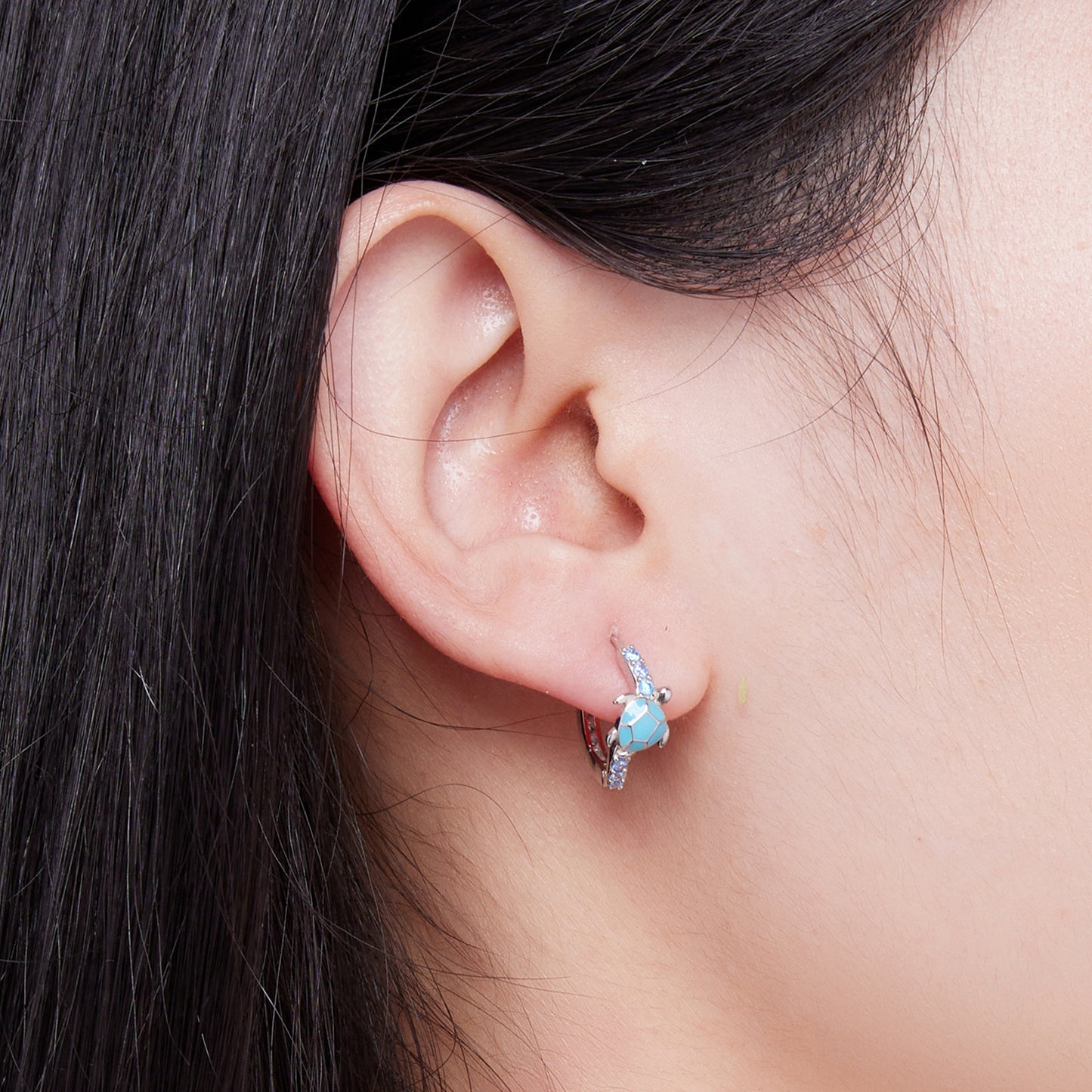 Boucles d'Oreilles Créoles Tortue de Mer Bleu Clair Argent 925