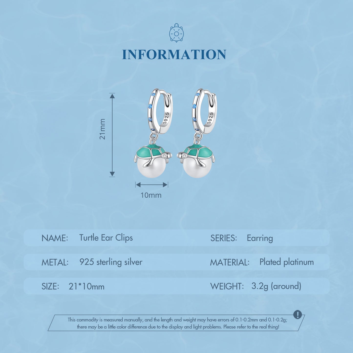 Boucles D'Oreilles Pendantes Tortue De Mer Bleu Clair Argent 925 Avec Perle