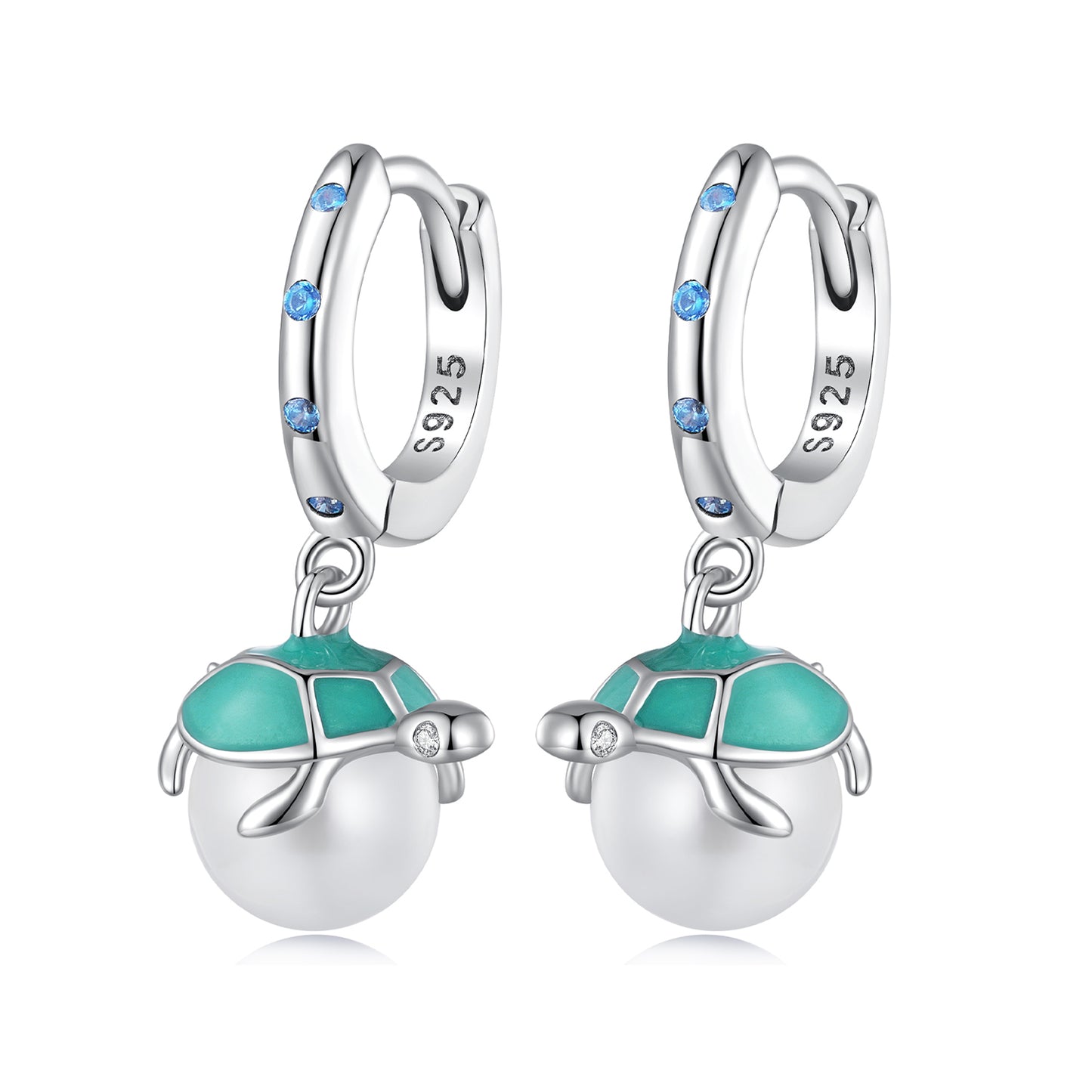 Drop Earrings Sea Turtle Light Blue 925 Silver With Pearl