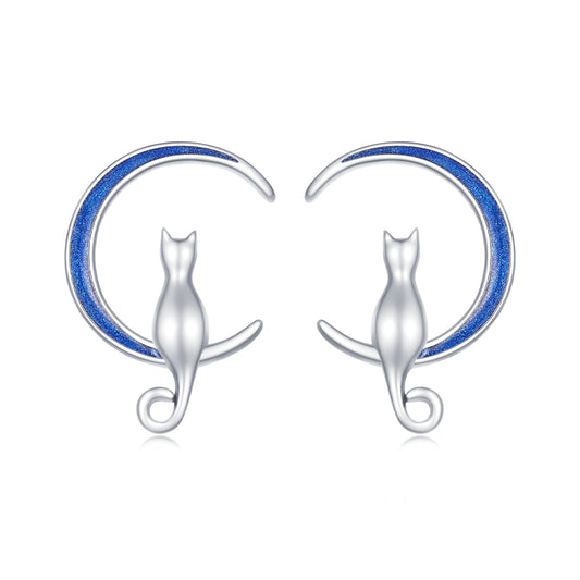 Stud Earrings Cute Cat On Blue Moon 925 Silver