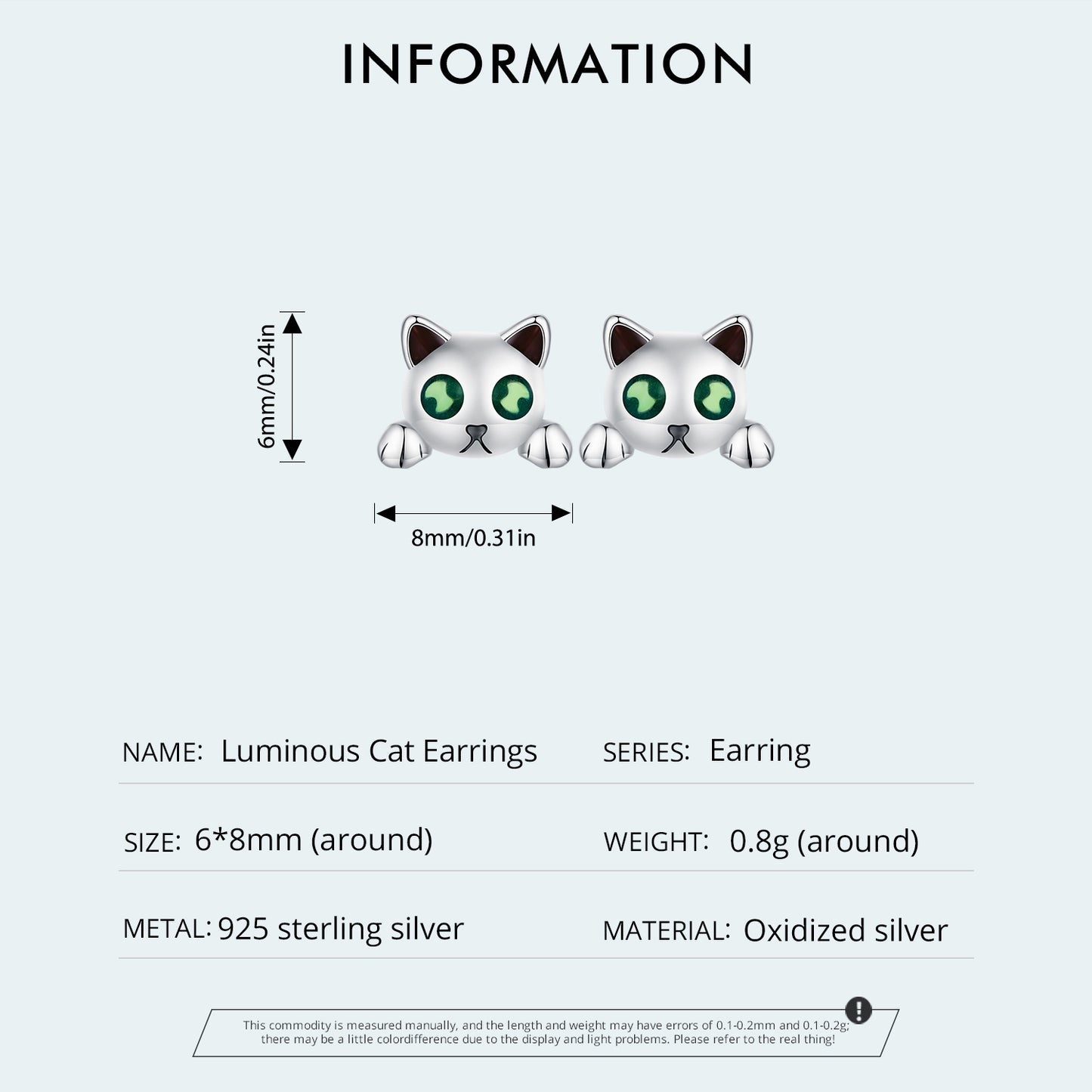 Stud Earrings Cute Luminous Cat S925 Silver