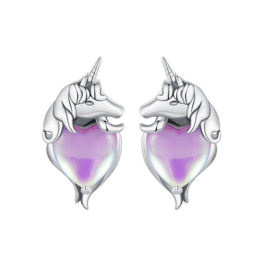 Stud Earrings Elegant Unicorn with Heart S925 Silver