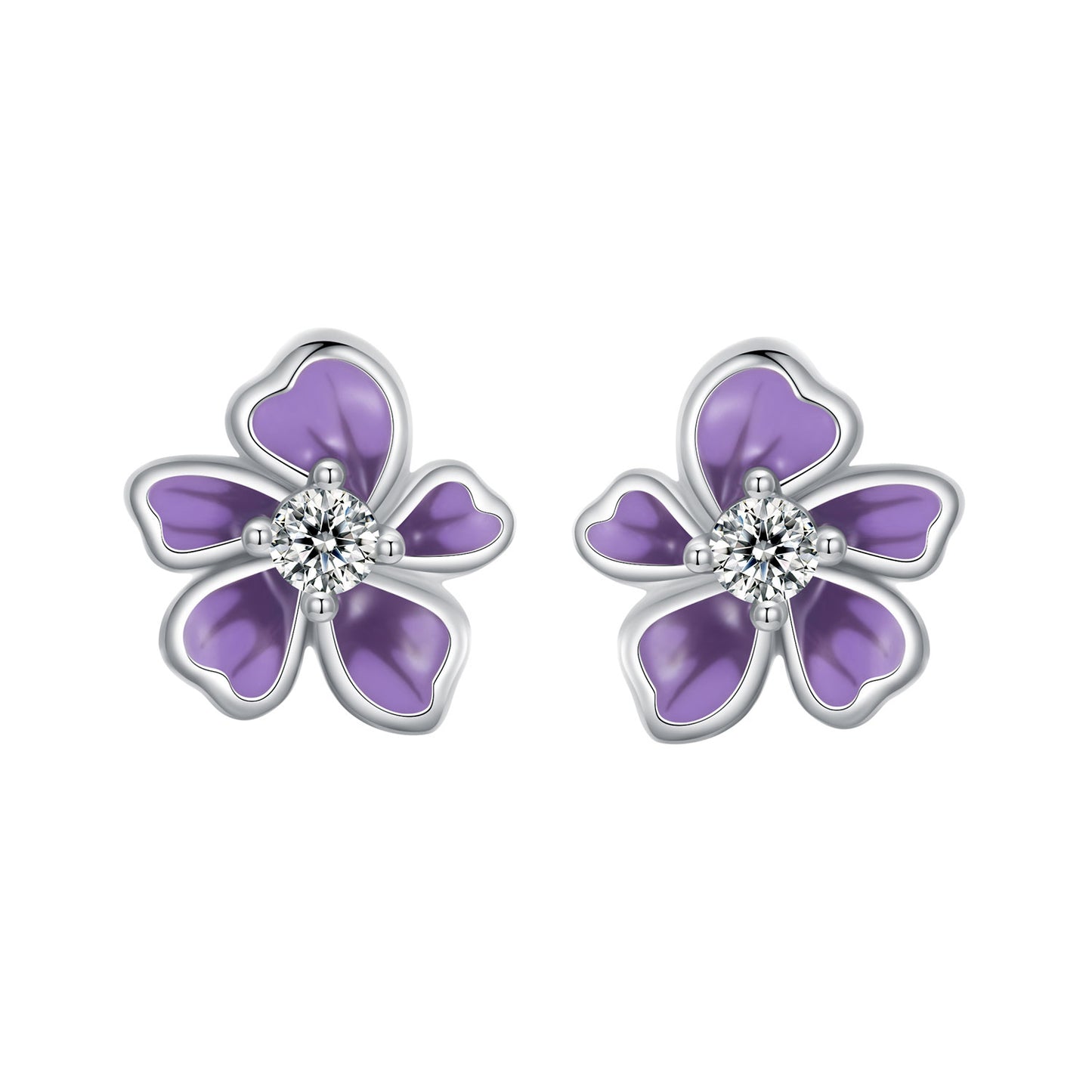 Stud Earrings Purple Flower S925 Silver With CZ Stone