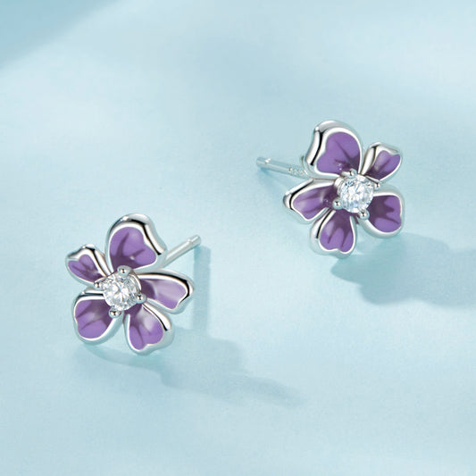 Stud Earrings Purple Flower S925 Silver With CZ Stone