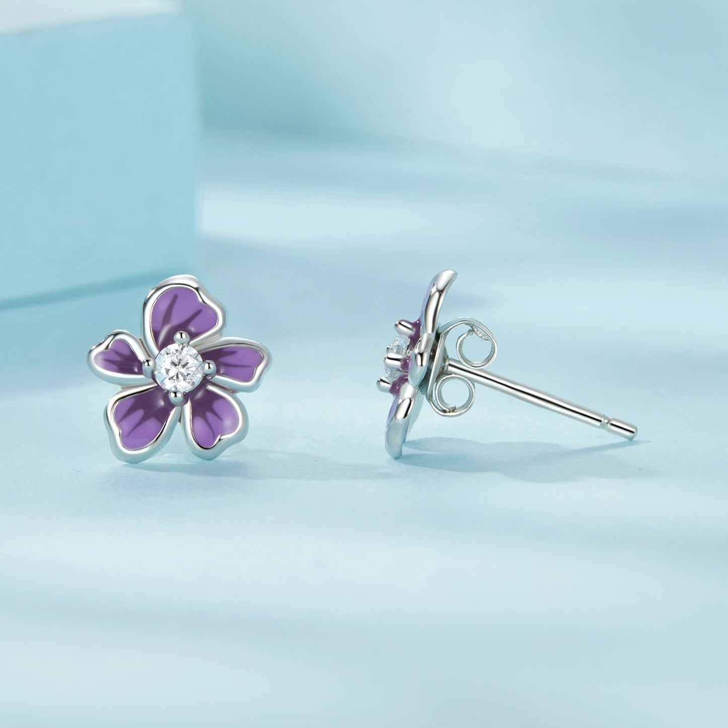 Stud Earrings Purple Flower S925 Silver With CZ Stone