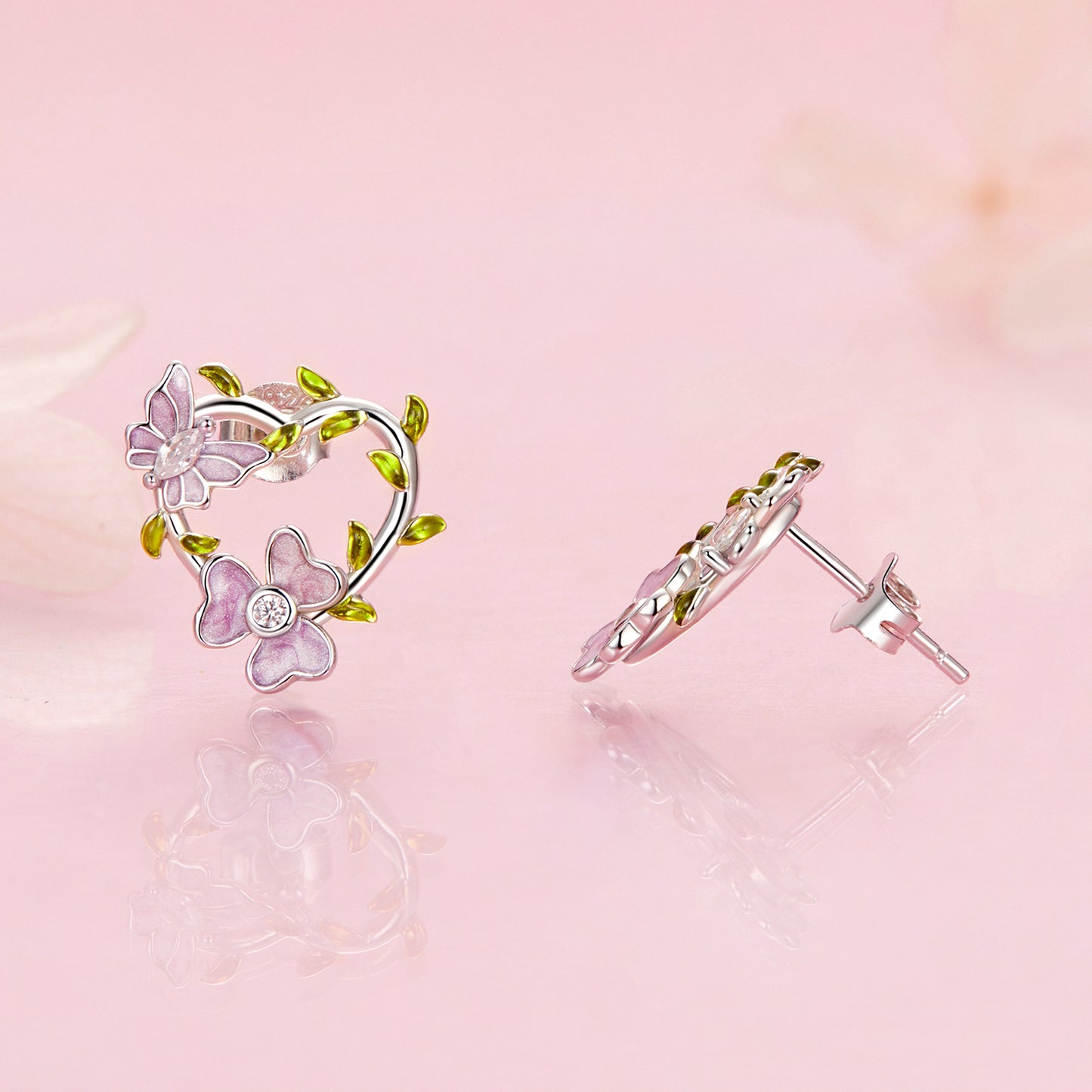 Stud Earrings Heart with Flower and Butterfly S925 Silver