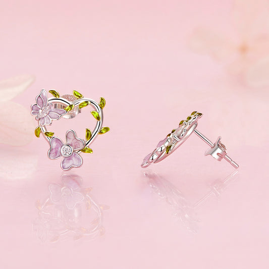 Stud Earrings Heart with Flower and Butterfly S925 Silver