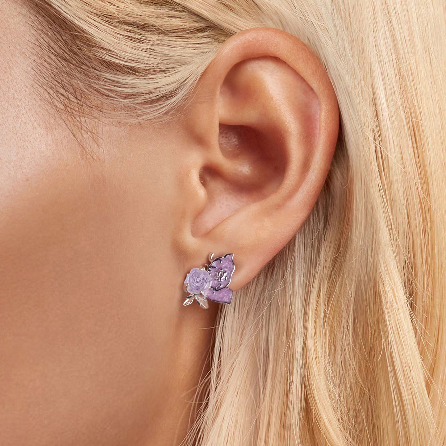 Stud Earrings Rose Butterfly Purple UV Color Change S925 Silver