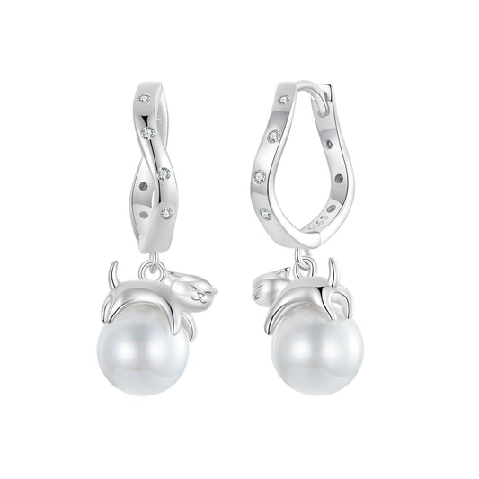 Drop Earrings Lazy Cat On Pearl S925 Silver