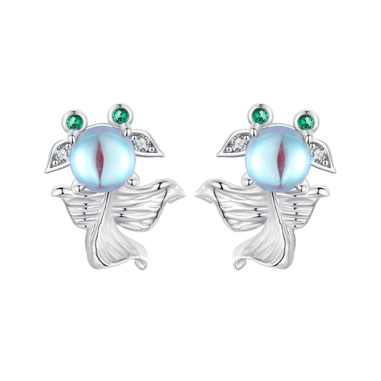 Stud Earrings Small Goldfish S925 Silver With Moonstone CZ Stones