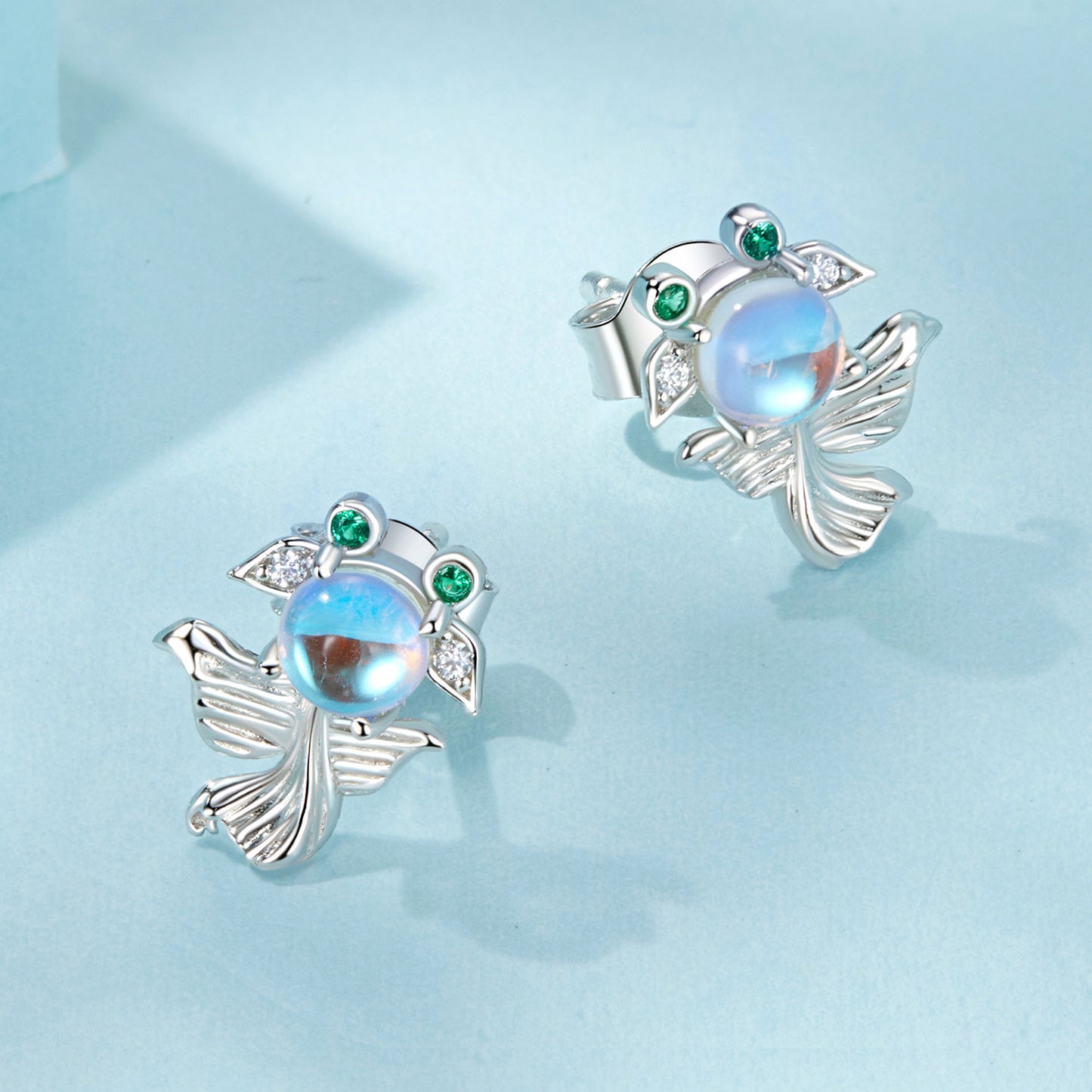 Stud Earrings Small Goldfish S925 Silver With Moonstone CZ Stones